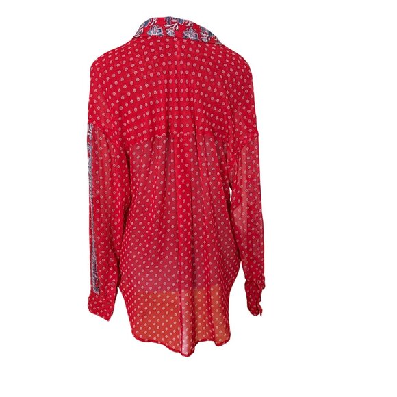 Free People Red Sheer Button-Up Blouse With Patterned Collar & Sleeves - S - Picture 3 of 4